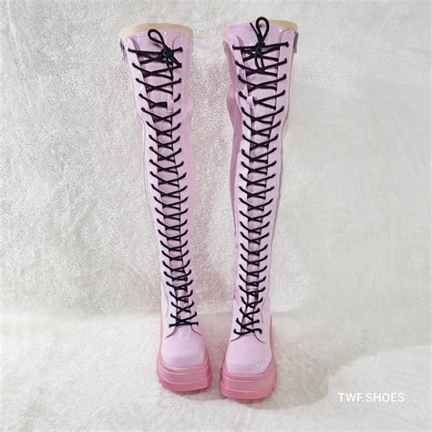 Shaker Pink Patent Platform Wedge Heel Over The Knee Boots Ny