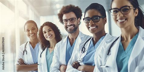 Smiling Medical Team Standing In Modern Hospital Building Stock Photo ...