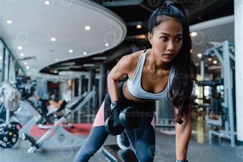 Beautiful Young Asia Lady Exercise Doing Lifting Barbell Fat Burning