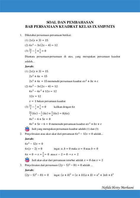 Pdf Soal Dan Pembahasan Bab Persamaan Kuadrat Kelas Ix Smp