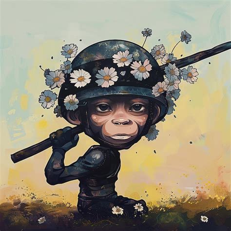 Premium Photo | A drawing of a monkey with a stick and flowers on it