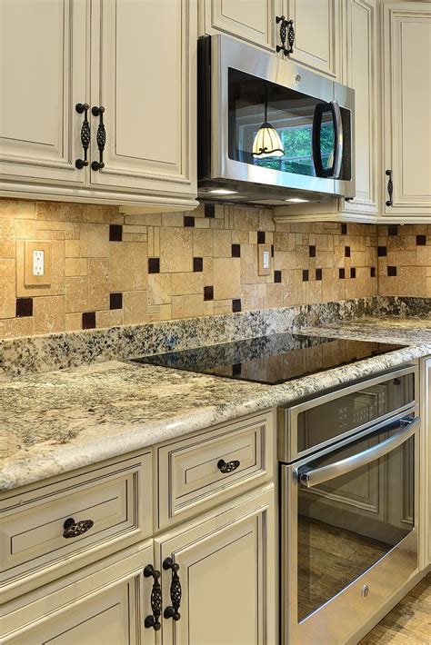 Travertine Kitchen Backsplash Tile With Brown Glass Inserts Beige