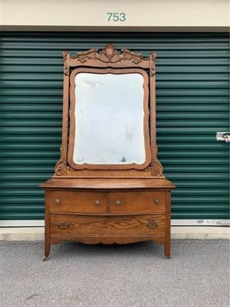 Antique Oak Low Boy Dresser And Mirror Fancy Ornate Farmhouse Etsy