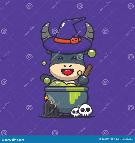 Cute Witch Buffalo Making Potion In Halloween Day Stock Vector