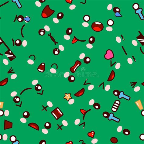 Seamless Pattern With Cute Cartoon Kawaii Faces Flat Design Vector