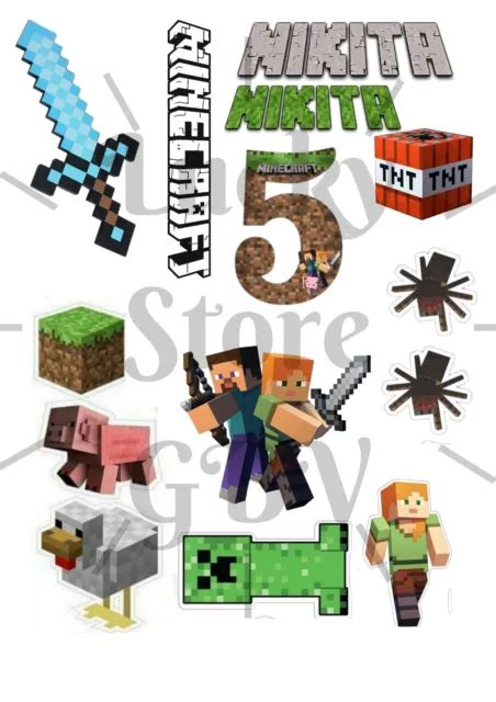 MINECRAFT CAKE TOPPER Bundle A4 Edible Icing Sheet Personalised 5 75