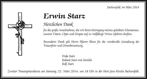 Traueranzeigen Von Erwin Starz OstalbTrauer