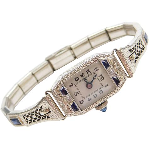 Item Vintage Art Deco Ladies Watch With Diamonds And Faux Sapphires