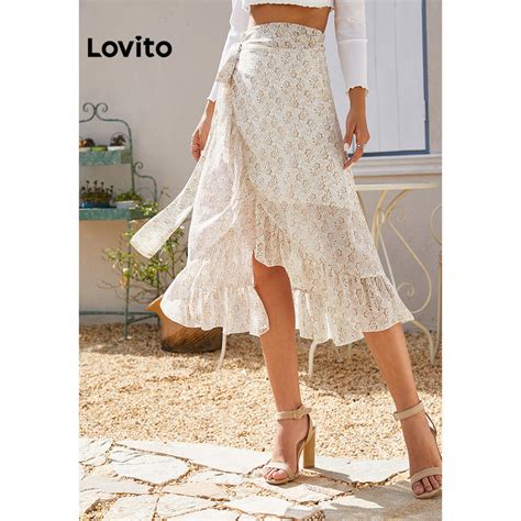 Lovito Women Boho Ditsy Floral Lace Up Ruffle Asymmetrical Skirts