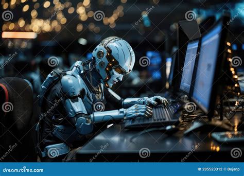 A Futuristic Scene With An AI Robot Working Alongside Humans In A