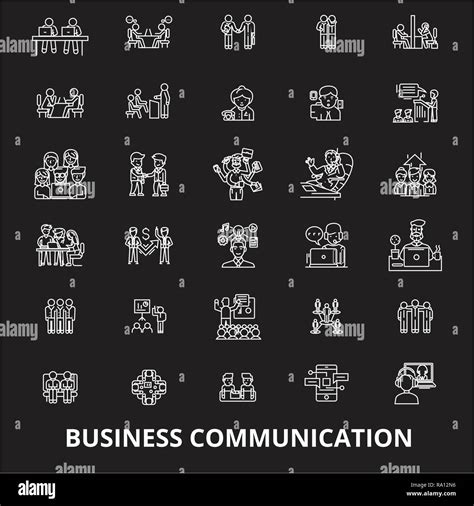 Business Communication Editable Line Icons Vector Set On Black