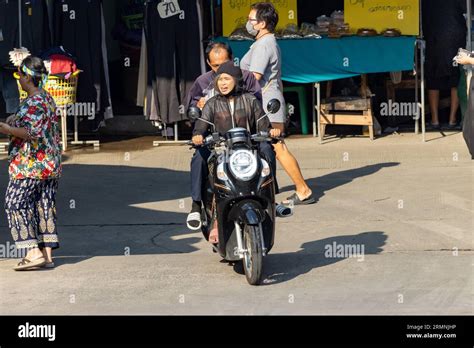 Samut Prakan Thailand Feb The Pair Rides On Motorcycle At