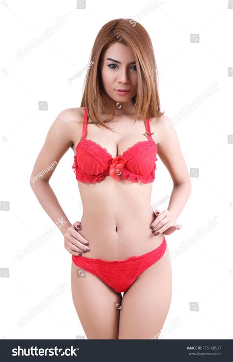 Beautiful Asian Woman Red Bikini Studio Stock Photo