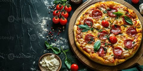 Pizza With Salami Mozzarella And Tomatoes On A Dark Background Ai