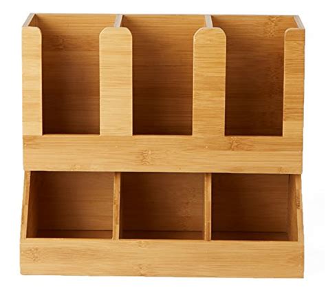 Mind Reader 6 Compartment Bamboo Upright Coffee Breakroom Condiment And Cup Storage Organizer