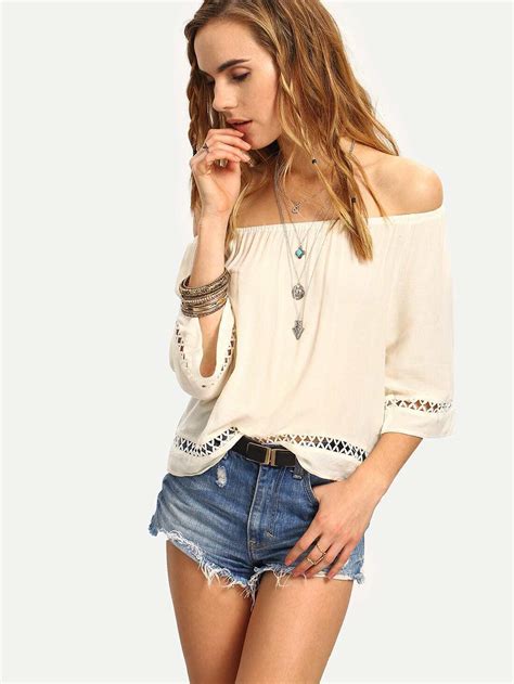 Off The Shoulder Eyelet Trim Top EmmaCloth Women Fast Fashion Online