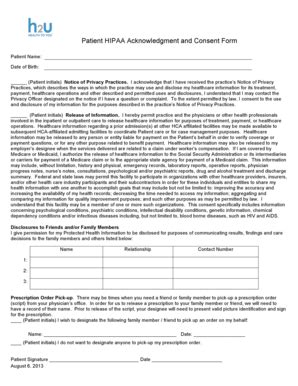 Fillable Online Patient HIPAA Acknowledgment And Consent Form H2U