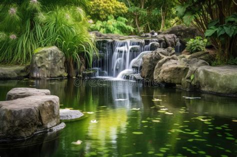 Waterfall Cascading Into Serene Pond Surrounded By Lush Greenery Stock