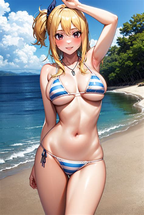 Rule 34 Ai Generated Beach Bikini Blonde Hair Blue Striped Bikini Blush Brown Eyes Fairy Tail