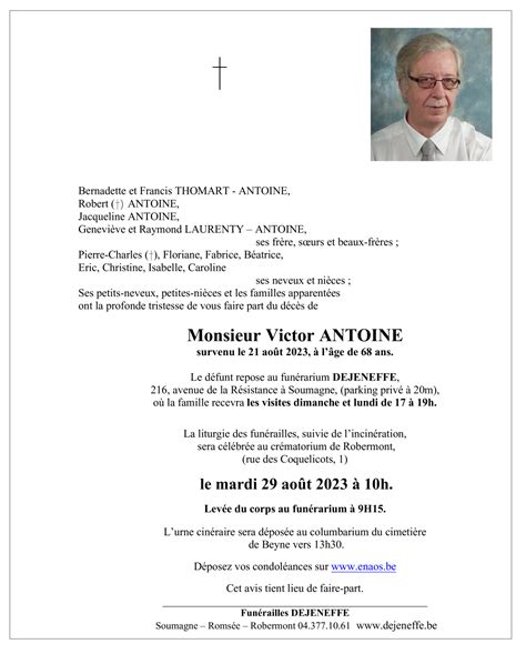 Décès De Monsieur Victor Antoine 21 08 23 Annonce Nécrologique