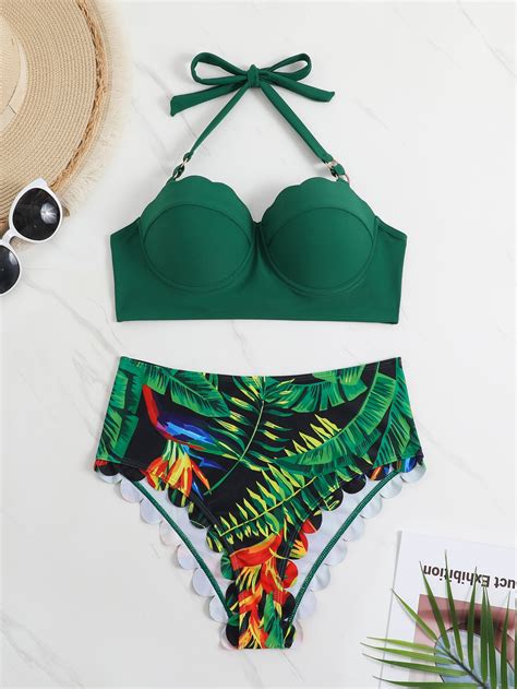 Ba Ador Bikini Push Up Con Estampado Tropical Ribete En Abanico Moda