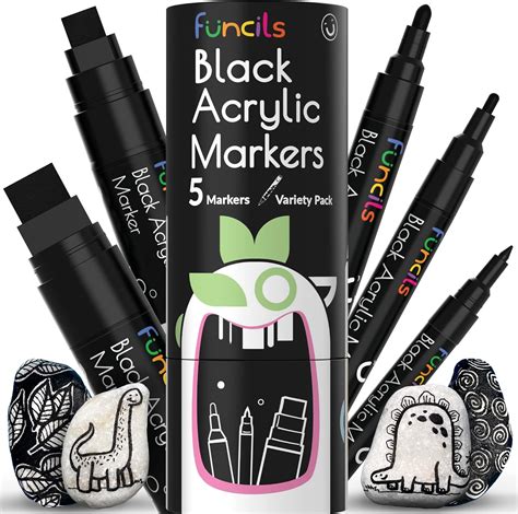 Funcils 5 Acrylic Black Paint Pen Fine Tip Thin Point And Jumbo Pens 1mm 3mm 6mm 10mm 15mm