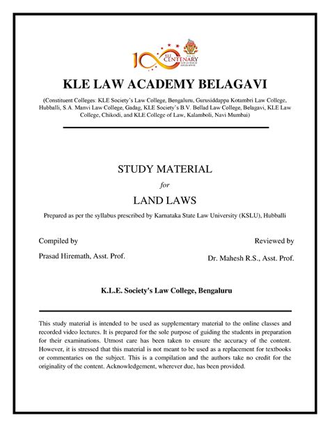 Land Laws Notes Of Th Sem Kslu Years Llb Syllabus Kle Law