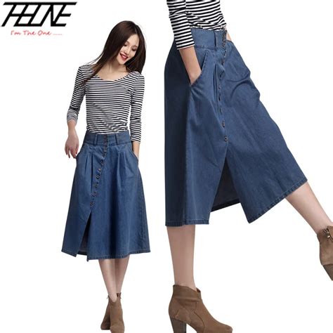 New Summer Autumn Women Long Denim Skirts Cotton A Line Solid Button