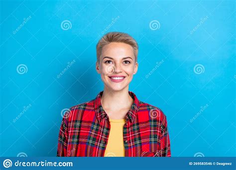 Photo Of Young Dreamy Lady Blonde Short Hairstyle Wear Red Plaid Shirt Looking Up Empty Space