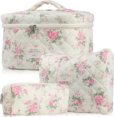 Noyinmin Cute Makeup Bag For Women 3 Pcs Quilted Floral