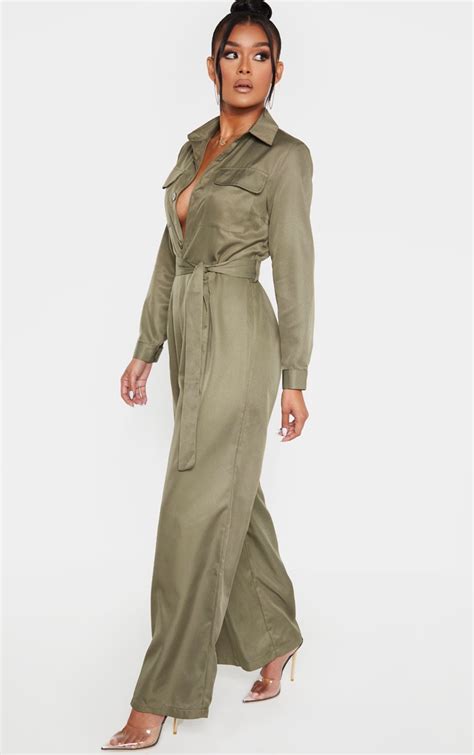 Khaki Belt Detail Wide Leg Cargo Jumpsuit Prettylittlething