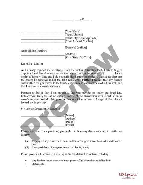 Letter To Creditor To Dispute Transaction And Advise Of Id Theft 605b Dispute Letter Us