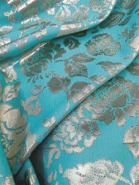 Tissu Brocart Fleurs Turquoise Et Argent Generaldiff Tissus Et