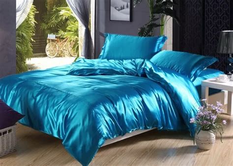 7pcs Lake Blue Silk Bedding Set Satin Sheets Cal King Queen Full Twin