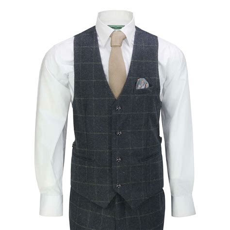 Mens Piece Suit Herringbone Tweed Navy Blue Check Retro Fitted Peaky