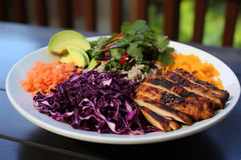 Premium Photo Colorful Buddha Bowl Packed With Grilled Chicken And