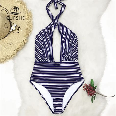 Cupshe Blue Striped Wrap Halter One Piece Swimsuit Women Cutout Cross