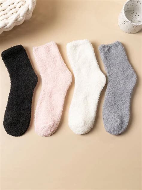 4pairs Solid Fluffy Crew Socks Cozy Socks Fluffy Socks Crew Socks