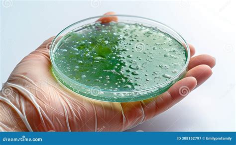 Laboratory Scene With Hand In Glove Holding Petri Dish Showcasing Blue