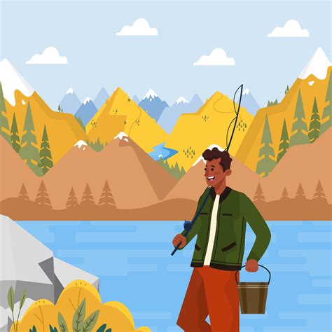 Fisherman Going Fishing At Fall Season Concept Vector Art At