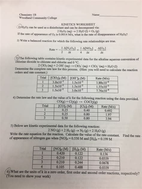 Kinetics Worksheet Principles Of Chemistry II CH 302