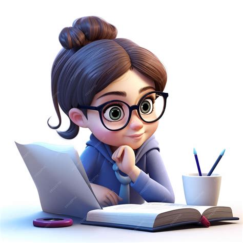 cute cartoon girl studying education illustration premium ai