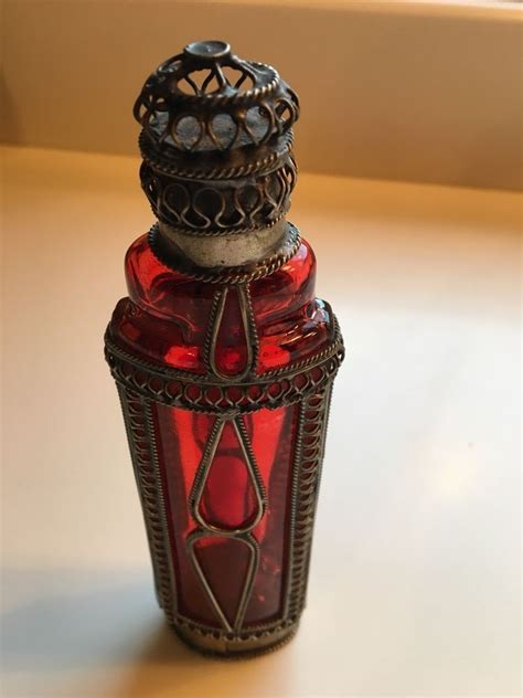 Vintage Red Perfume Bottle With Metal Scroll Work Overlay And Matching Cap Pleas Potion Bottle