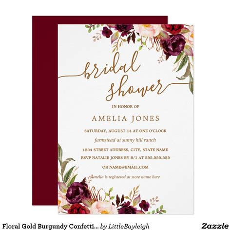 Floral Gold Burgundy Confetti Bridal Shower Invitation Zazzle