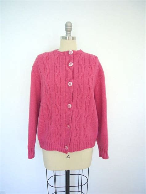 1960s Pink Sweater Cable Knit Cardigan 60s Cardi Size Etsy