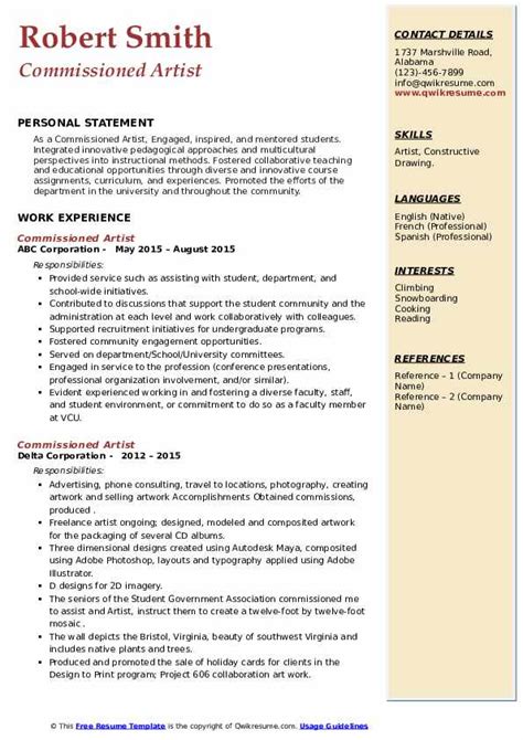 Commissioned Artist Resume Samples Qwikresume