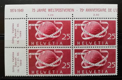 Schweiz 4er Block 75 Jahre Weltpostverein 1949 Postfrisch Kaufen Auf