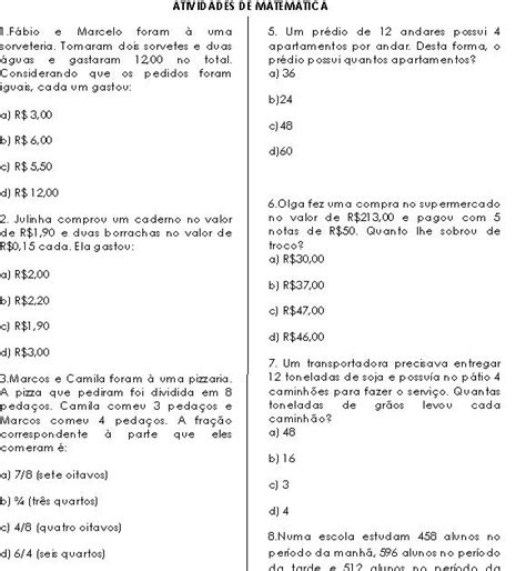 Banco De Atividades Matemática Com Múltipla Escolha