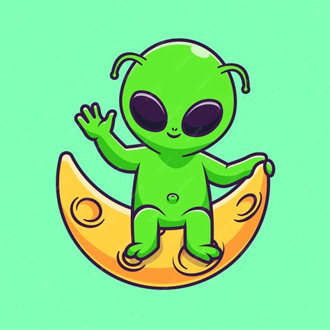 Lindo Alienígena Agitando La Mano En La Luna Dibujos Animados Vector Icono Ilustración Ciencia