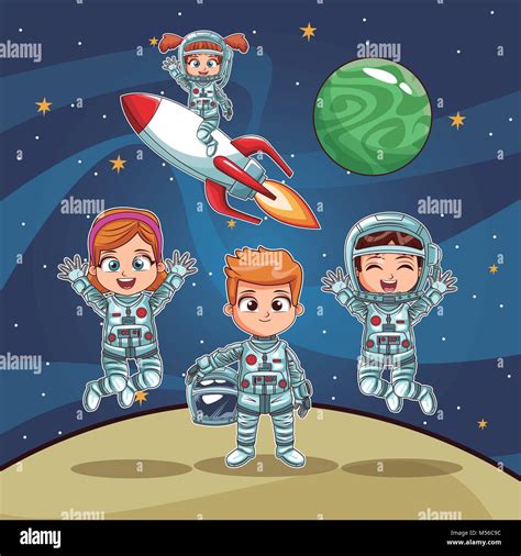 Los Astronautas En El Espacio De Dibujos Animados Para Niños Imagen Vector De Stock Alamy